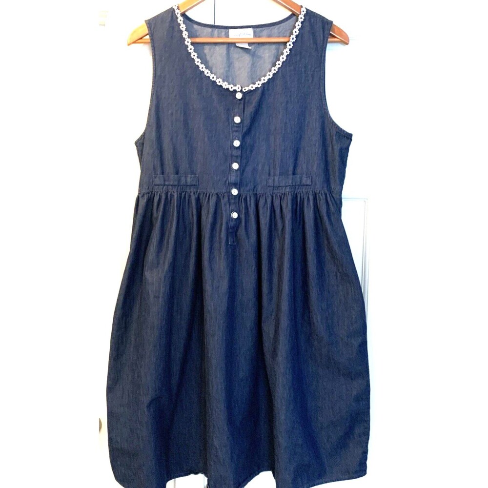 VTG Lanz Salzburg Denim Sleeveless Pinafore Button Jumper Dress Medium Daisy